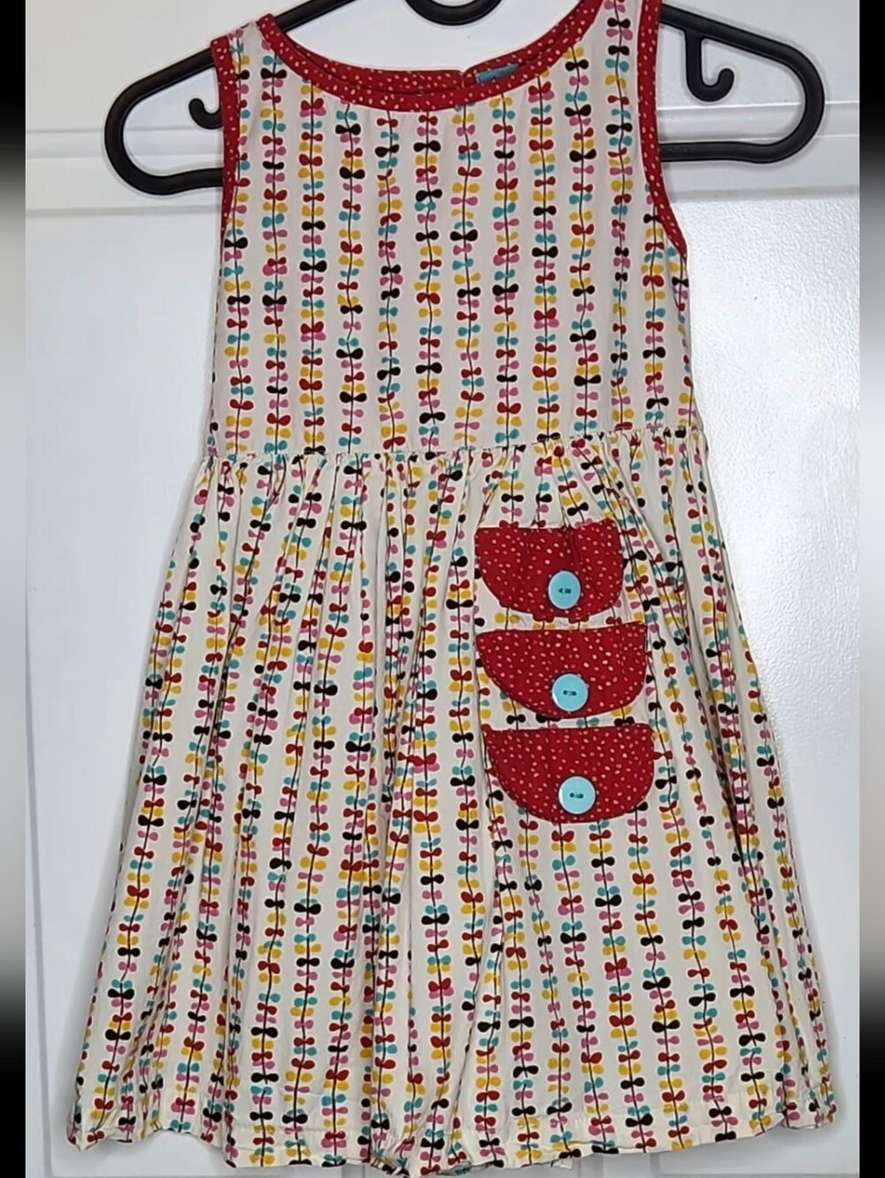 Little Miss Marmalade Cream Dress with Red Trim and Multicolor Print Size 7